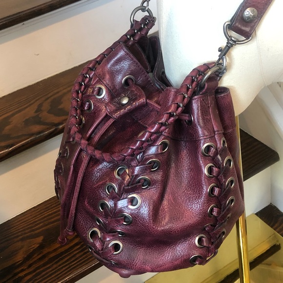 PATRICIA NASH Red Wine Woven Leather Crossbody Shoulder Bucket Bag w/ Grommets - Picture 17 of 17